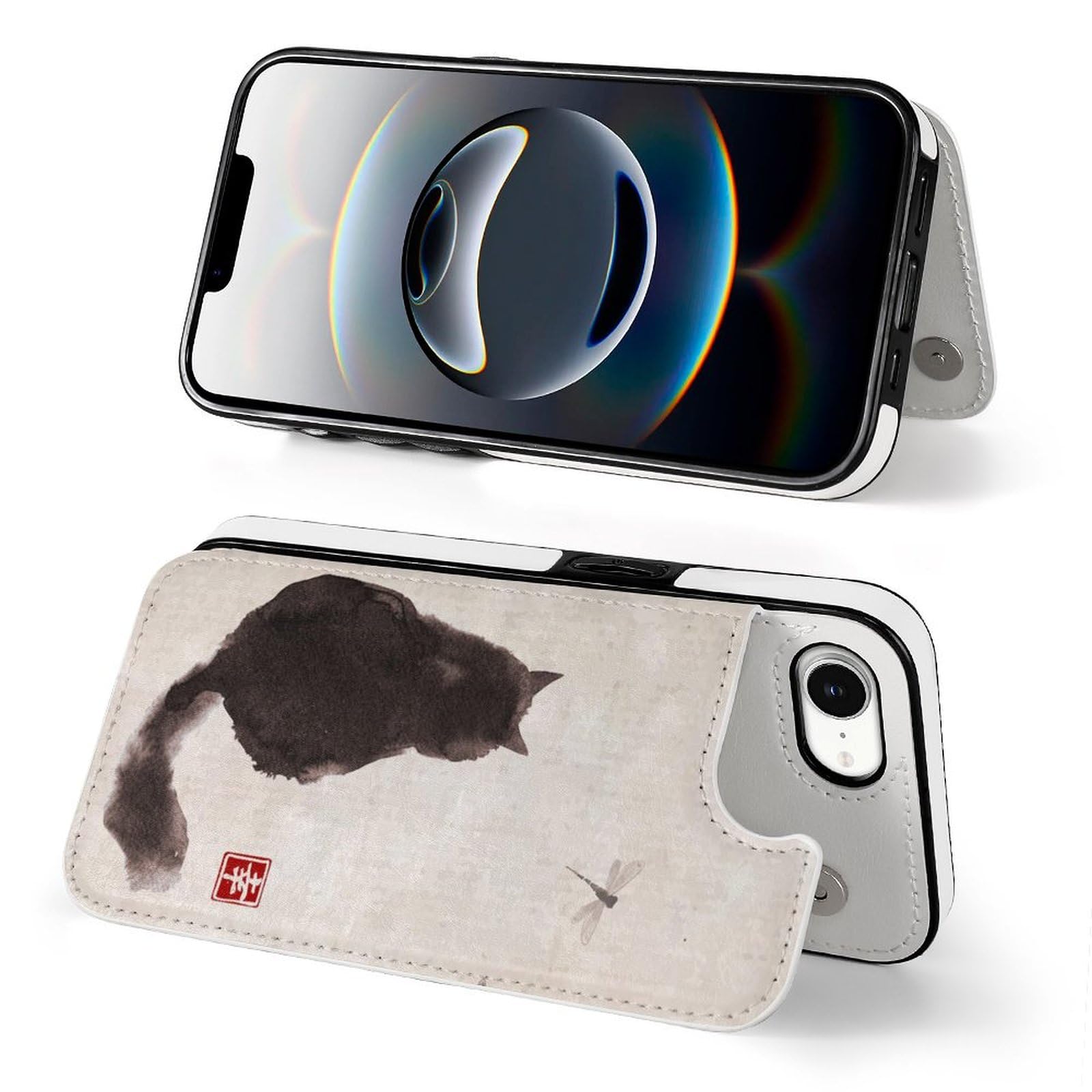 スマートフォンケース      絵画 猫  和風猫 ハンドメイド Amazon.co.jp: IPhone16eケース 手帳型 和風 和柄 猫 絵 ネコ柄
